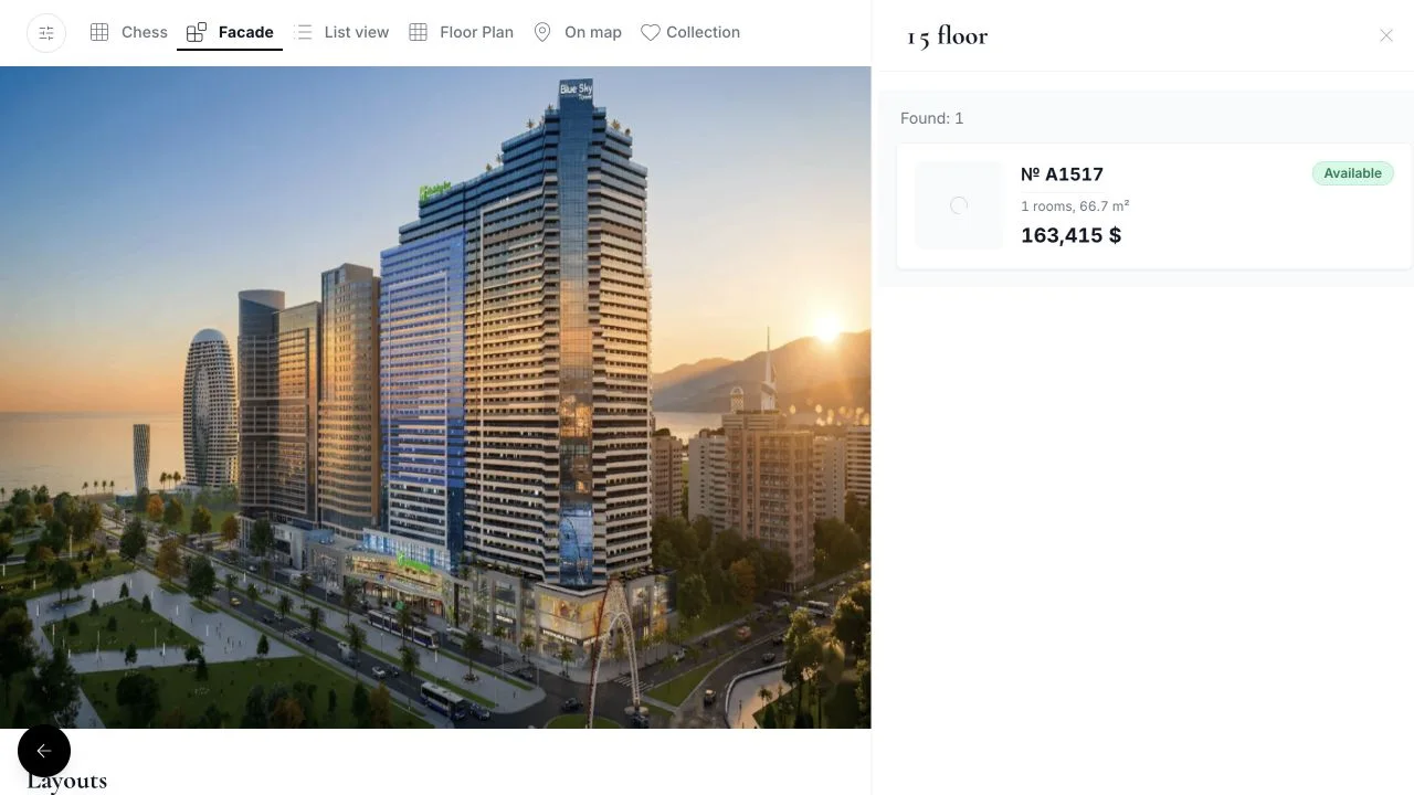 GRIDIX kataloğundaki Blue Sky Tower'ın cephesi: seçilen kat ve mevcut parseller